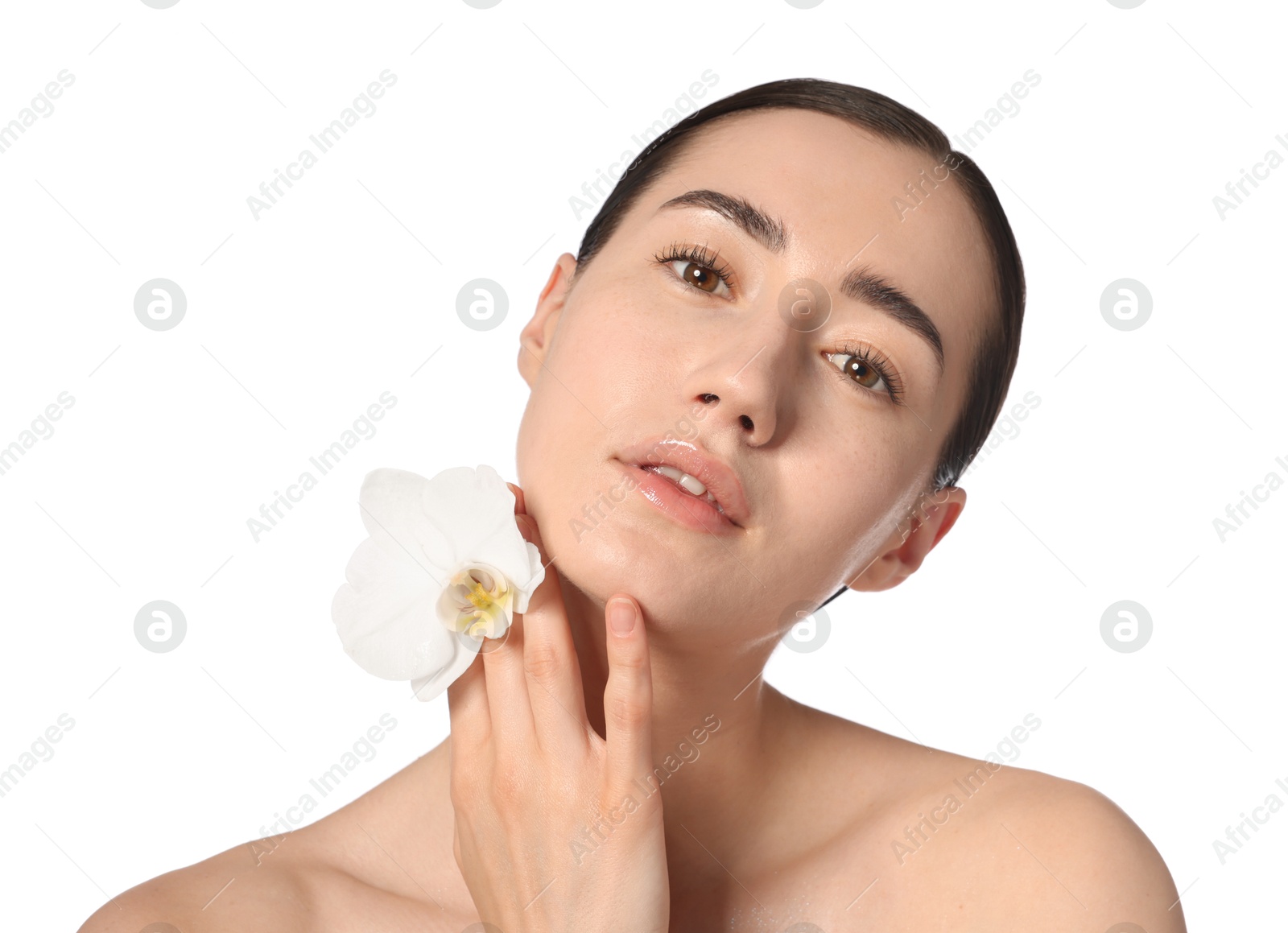 Photo of Portrait of beautiful woman with orchid flower after spa treatment on white background, closeup