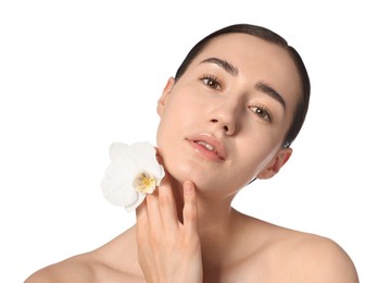 Photo of Portrait of beautiful woman with orchid flower after spa treatment on white background, closeup