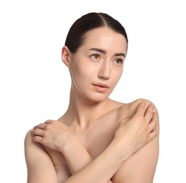 Photo of Beautiful woman after spa treatment on white background