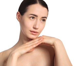 Photo of Beautiful woman after spa treatment on white background, closeup