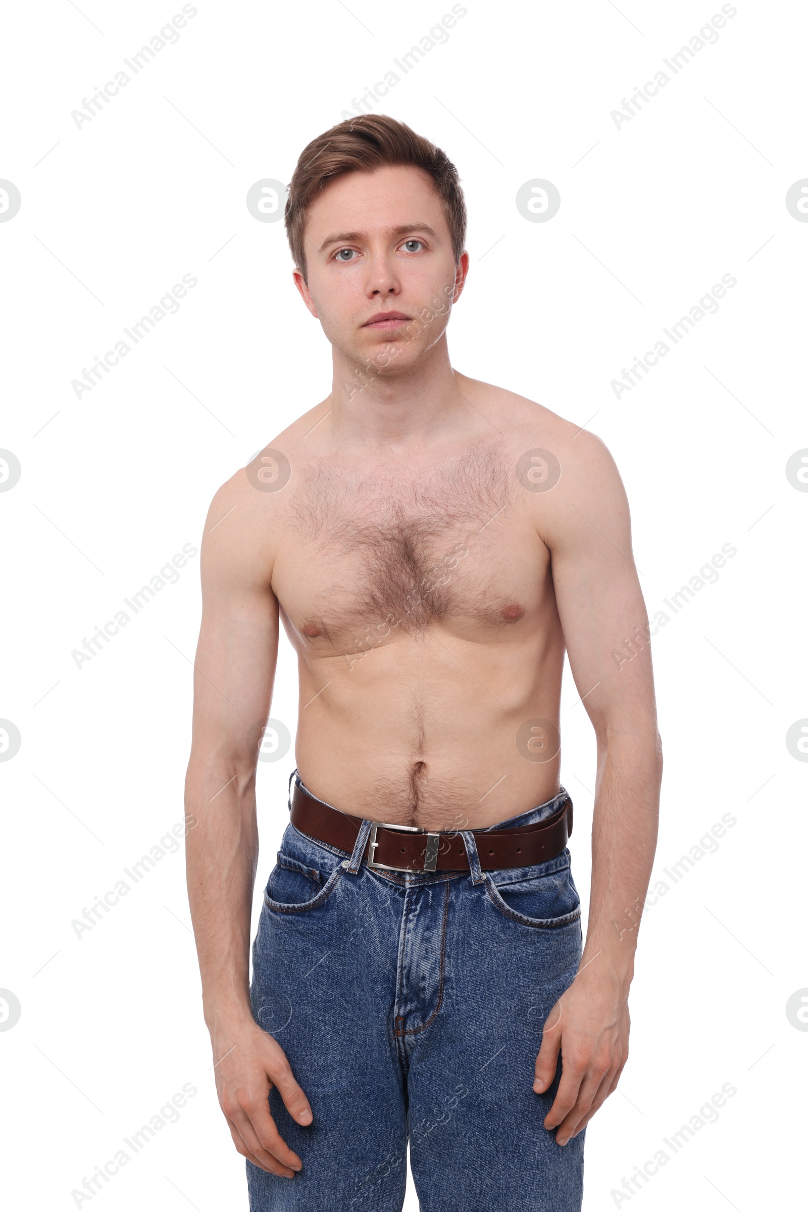 Man before scoliosis treatment on white background Photo of Man before scoliosis treatment on white background