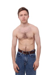 Photo of Man before scoliosis treatment on white background