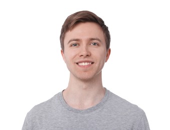 Photo of Handsome man after shaving on white background