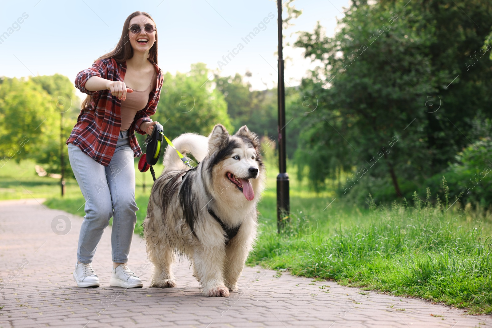Photo of Happy woman with her cute Alaskan malamute dog in park. Space for text