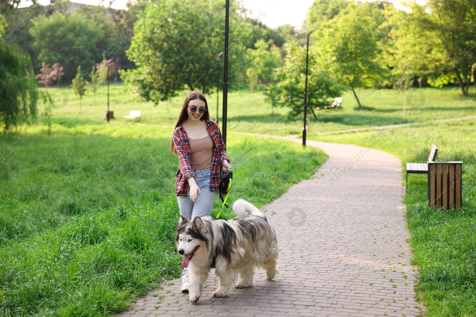 Photo of Happy woman walking with her cute Alaskan malamute dog in park