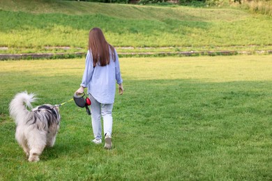 Photo of Woman walking with her cute Alaskan malamute dog on green grass outdoors, back view. Space for text