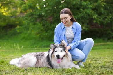 Photo of Happy woman with her cute Alaskan malamute dog on green grass outdoors