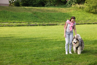 Photo of Woman with her cute Alaskan malamute dog on green grass outdoors. Space for text