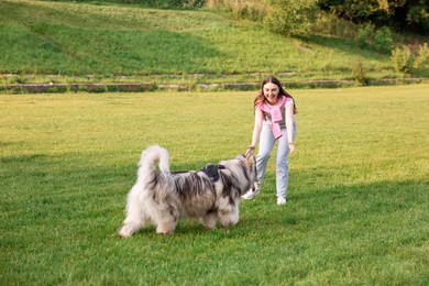 Photo of Smiling woman with her cute Alaskan malamute dog on green grass outdoors