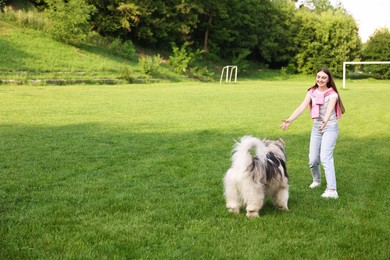 Photo of Smiling woman with her cute Alaskan malamute dog on green grass outdoors. Space for text