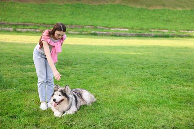 Photo of Woman training her cute Alaskan malamute dog on green grass outdoors. Space for text