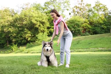 Photo of Smiling woman with her cute Alaskan malamute dog on green grass outdoors