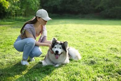 Photo of Woman with her cute Alaskan malamute dog on green grass outdoors in morning. Space for text