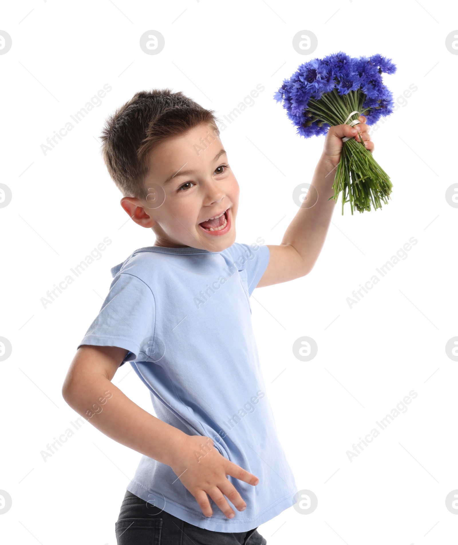 Photo of Happy little boy with bouquet of beautiful cornflowers on white background