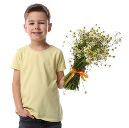 Photo of Smiling little boy with bouquet of beautiful chamomile flowers on white background