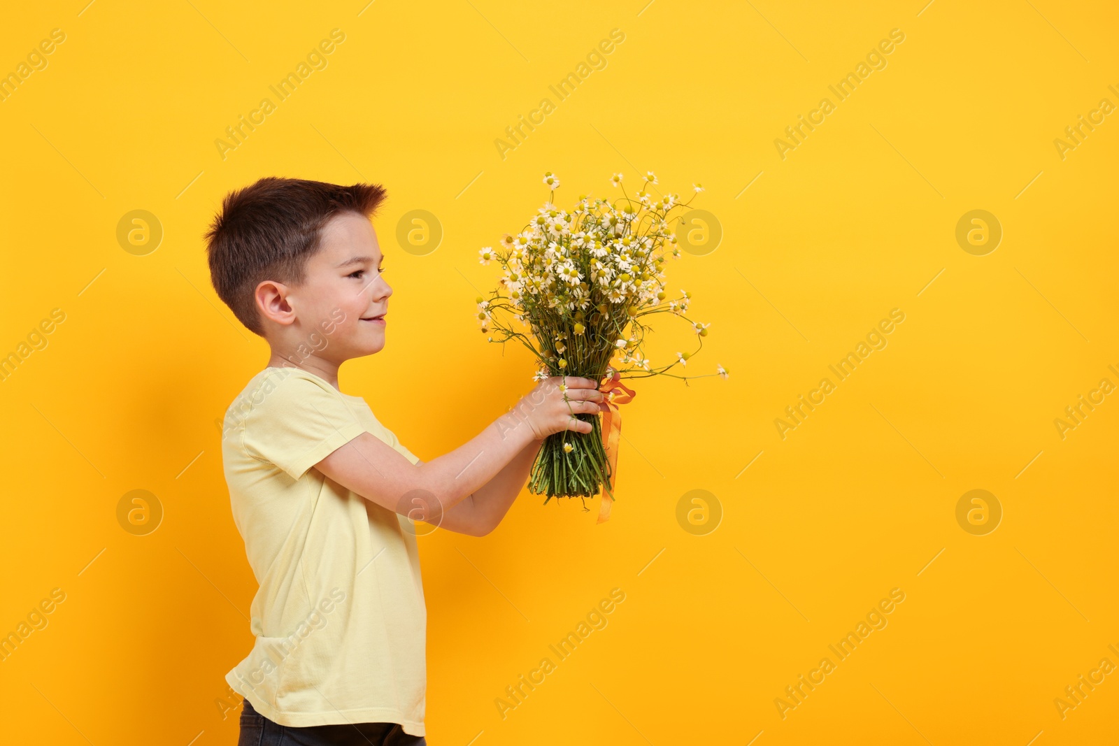 Photo of Cute little boy giving bouquet of beautiful chamomile flowers on yellow background. Space for text