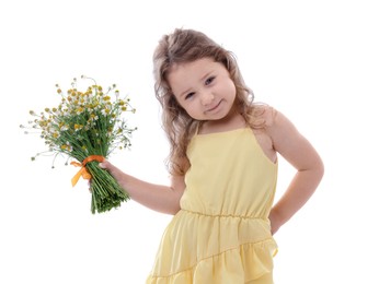 Photo of Cute little girl with bouquet of beautiful chamomile flowers on white background