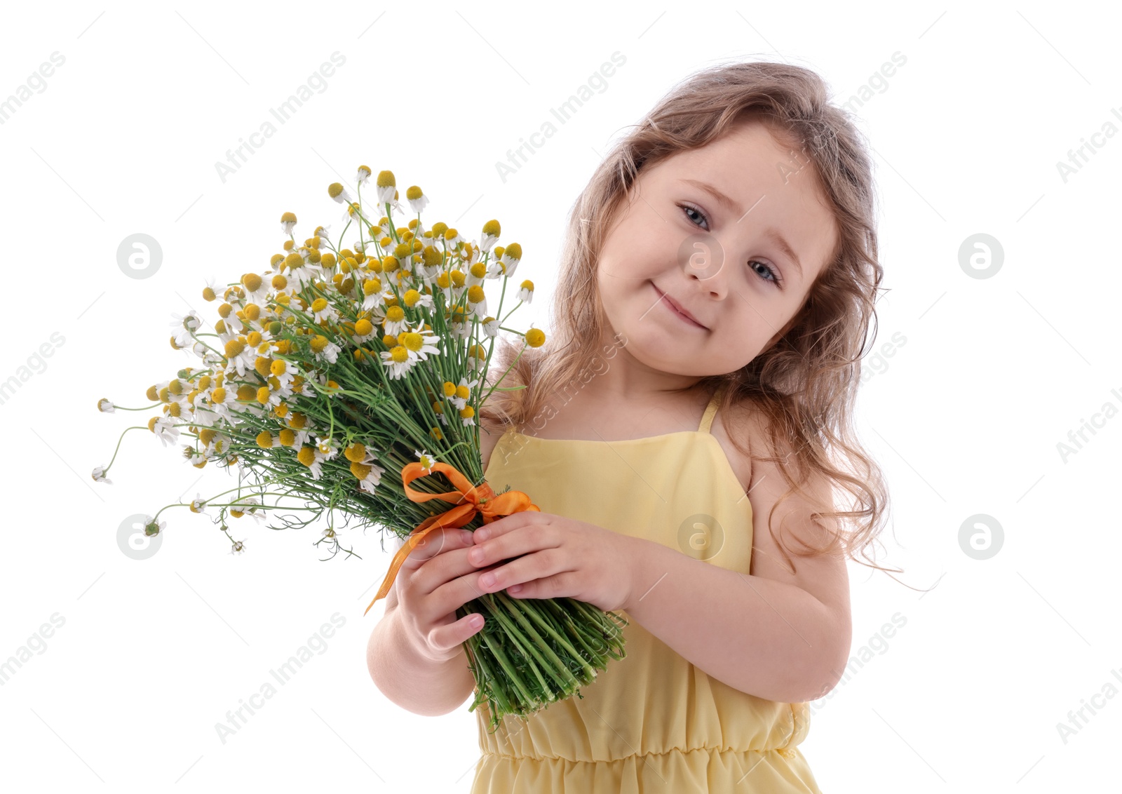 Photo of Cute little girl with bouquet of beautiful chamomile flowers on white background