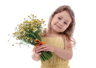 Photo of Cute little girl with bouquet of beautiful chamomile flowers on white background
