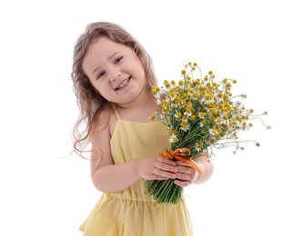 Photo of Cute little girl with bouquet of beautiful chamomile flowers on white background