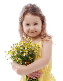 Photo of Cute little girl with bouquet of beautiful chamomile flowers on white background