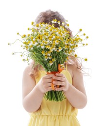 Photo of Cute little girl with bouquet of beautiful chamomile flowers on white background