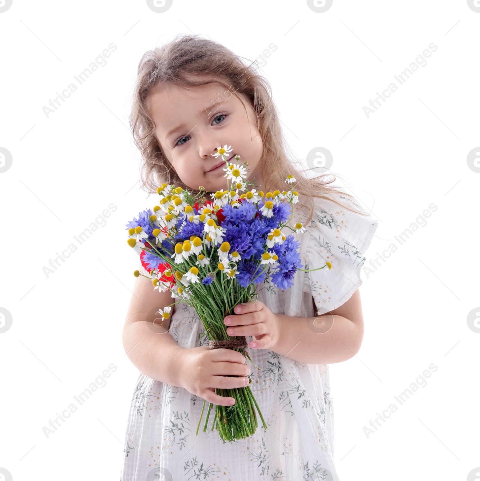 Photo of Cute little girl with bouquet of beautiful flowers on white background