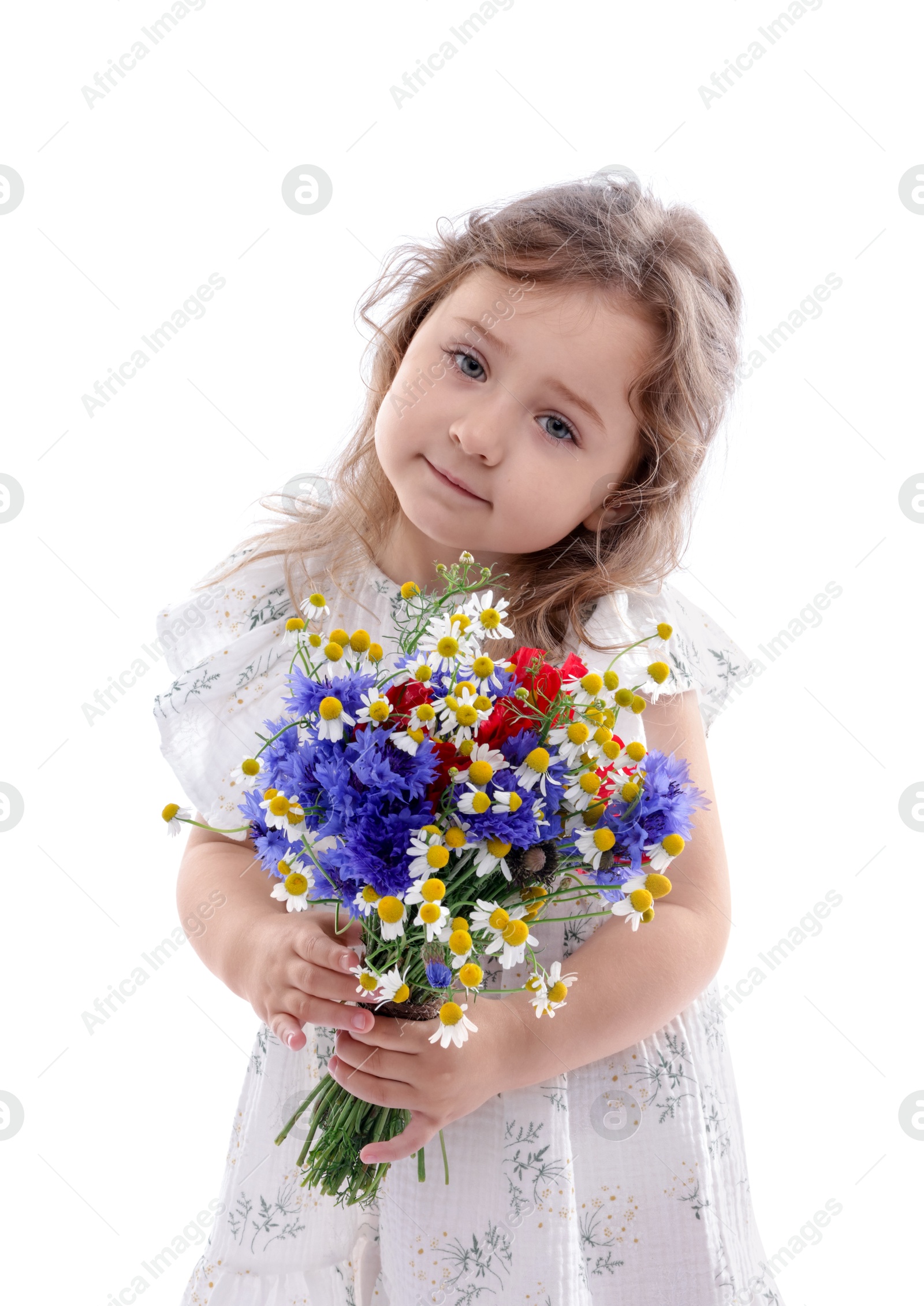 Photo of Cute little girl with bouquet of beautiful flowers on white background
