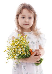 Photo of Cute little girl with bouquet of beautiful chamomile flowers on white background