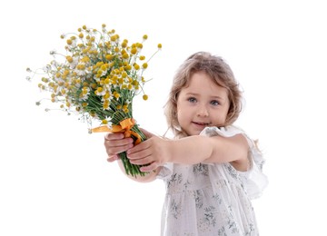 Photo of Cute little girl with bouquet of beautiful chamomile flowers on white background