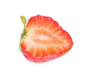 Photo of Half of fresh, juicy strawberry isolated on white