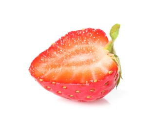 Photo of Half of fresh, juicy strawberry isolated on white