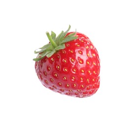 Photo of One fresh strawberry in air isolated on white