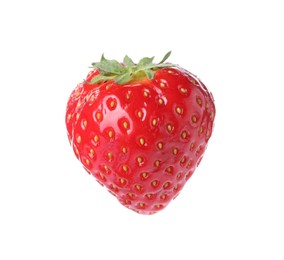 Photo of One fresh strawberry in air isolated on white