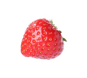 Photo of One fresh strawberry in air isolated on white