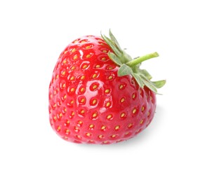 Photo of One fresh ripe strawberry isolated on white, top view