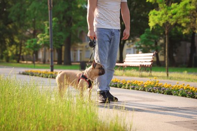 Photo of Man with his cute French bulldog in park, closeup