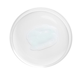 Photo of Cosmetic product in Petri dish isolated on white, top view