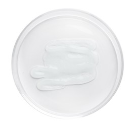 Photo of Cosmetic product in Petri dish isolated on white, top view