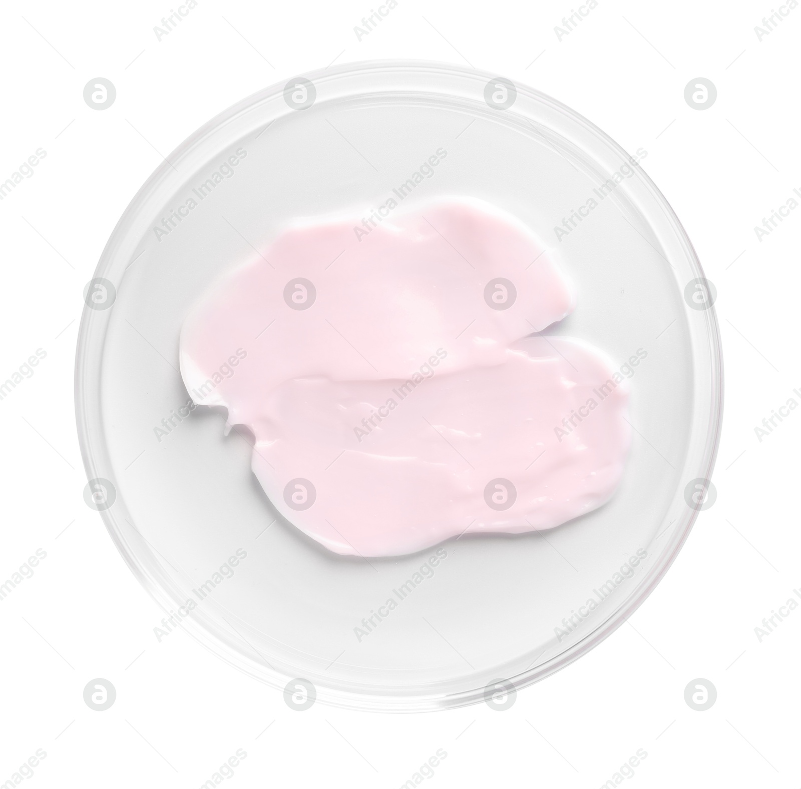 Cosmetic product in Petri dish isolated on white, top view Photo of Cosmetic product in Petri dish isolated on white, top view