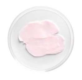 Photo of Cosmetic product in Petri dish isolated on white, top view