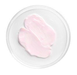Photo of Cosmetic product in Petri dish isolated on white, top view