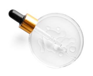 Photo of Cosmetic product and dropper in Petri dish on white background, top view