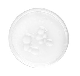Photo of Cosmetic product in Petri dish isolated on white, top view