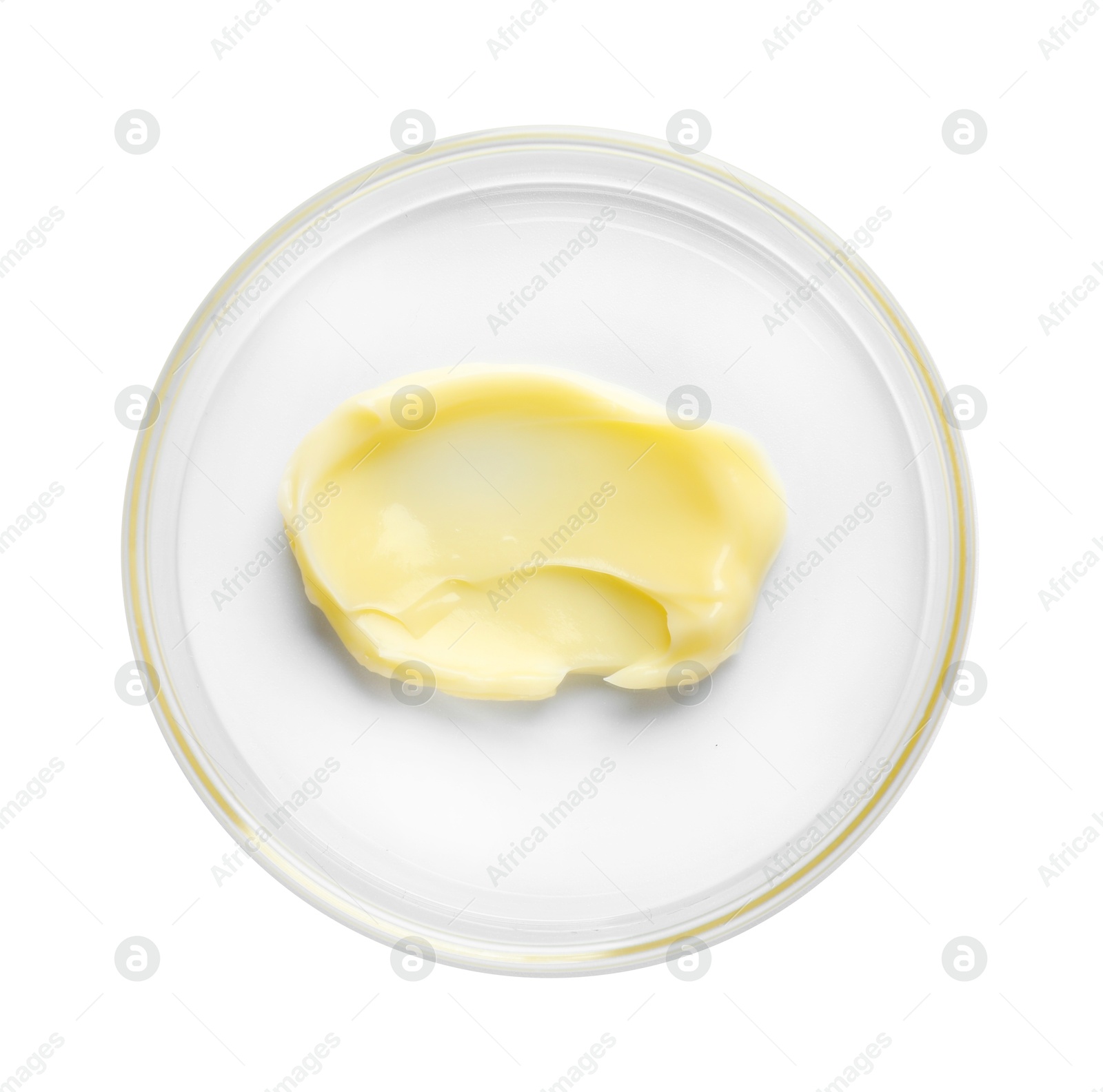 Photo of Cosmetic product in Petri dish isolated on white, top view