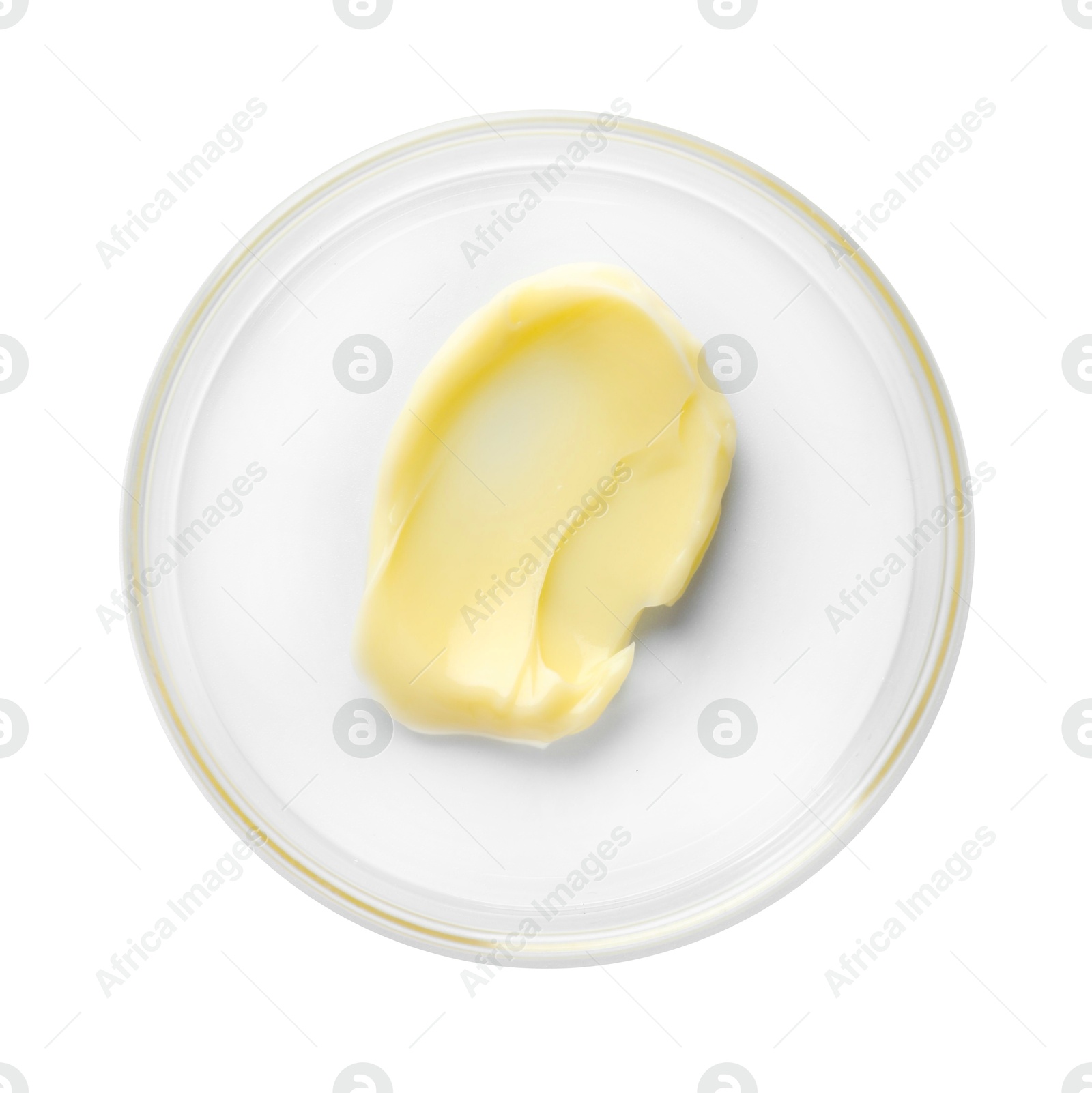 Cosmetic product in Petri dish isolated on white, top view Photo of Cosmetic product in Petri dish isolated on white, top view
