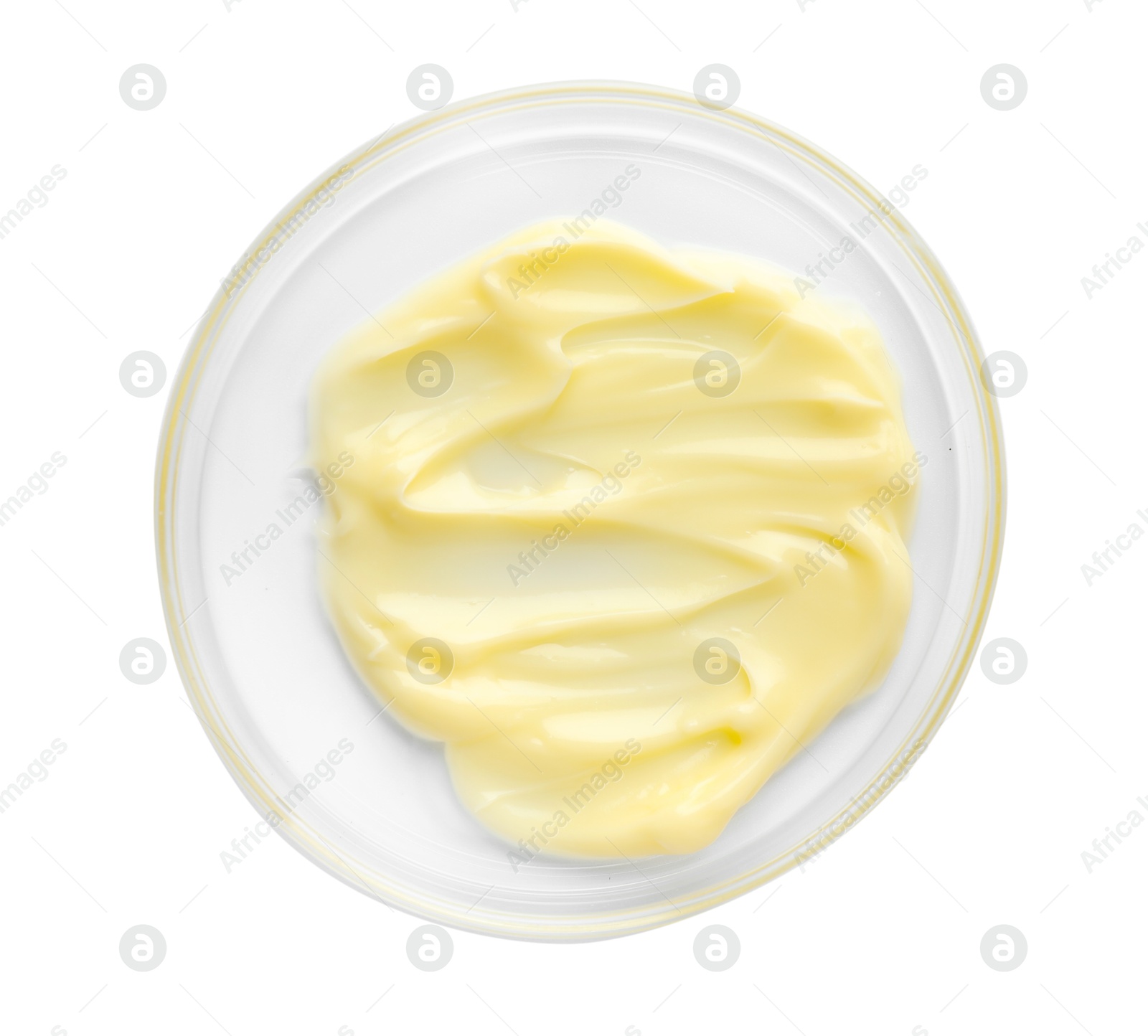 Cosmetic product in Petri dish isolated on white, top view Photo of Cosmetic product in Petri dish isolated on white, top view