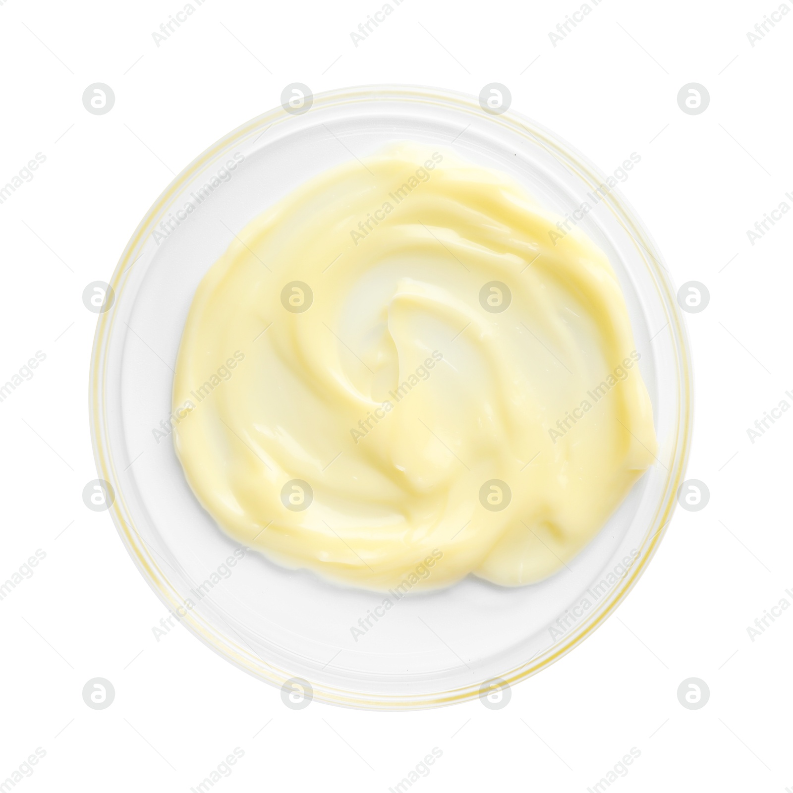 Cosmetic product in Petri dish isolated on white, top view Photo of Cosmetic product in Petri dish isolated on white, top view