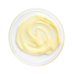 Photo of Cosmetic product in Petri dish isolated on white, top view