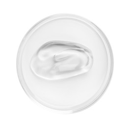 Photo of Cosmetic product in Petri dish isolated on white, top view